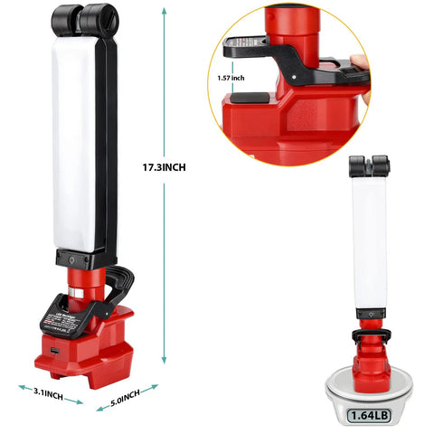 2400LM LED Work Light Clip On Light for Milwaukee M18 18V Battery, 17.3 inch, 30W Flood Beam with magnetic mount, dimensions shown