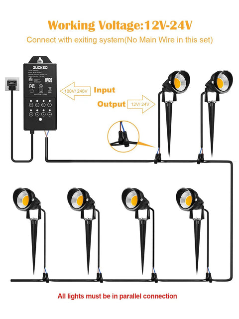 Five Watt LED Low Voltage Landscape Lights Kit With 12V And 24V Transformer diagram showing connection setup