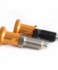 Built Tough Gold Knob Indexing Plunger Spring Pin With External Thread And Nut For Precise Vise Alignment CNC Machining And Heavy Duty Workshop Fixtures, featuring gold and black knobs.
