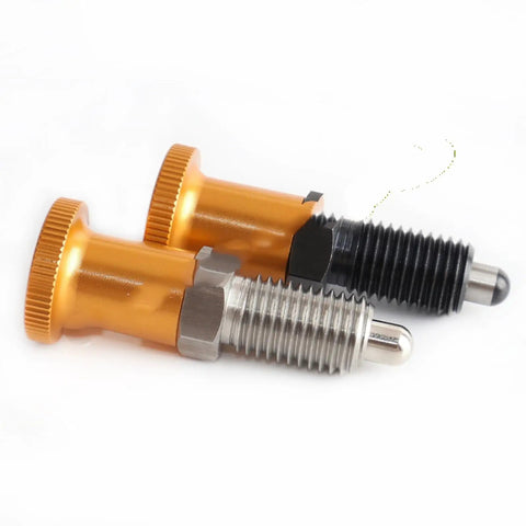 Built Tough Gold Knob Indexing Plunger Spring Pin With External Thread And Nut For Precise Vise Alignment CNC Machining And Heavy Duty Workshop Fixtures, featuring gold and black knobs.