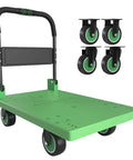 Green folding mobile platform trolley heavy duty dolly cart with thickened reinforced base and 360 degree swivel wheels.