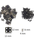 50 Mini Iron Hinges With 200 Screws In Antique Bronze Finish For Wooden Boxes Jewelry Chests And Cabinets DIY Hardware Kit 13x12mm 0.51x0.47in Rust Resistant And Easy Install, shown sorted by size with measurement labels.