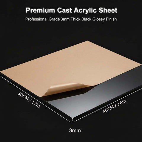 Black acrylic sheets with protective film, 12x16 inches, 3mm thick for crafts and laser cutting