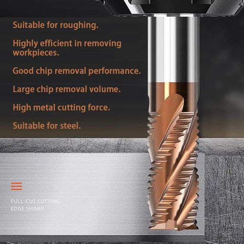 Carbide Roughing End Mill, Half Inch Cutting Diameter, Four Flute, Half Inch Shank, TiN Coated for Hardened and Alloy Steels
