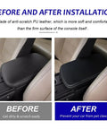 Before and after installation of Lexus NX Center Console Armrest Cover 2015-2021 Full Coverage Protector, black with white stitching.