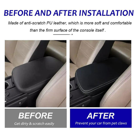 Before and after installation of Lexus NX Center Console Armrest Cover 2015-2021 Full Coverage Protector, black with white stitching.