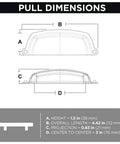 Dimensions diagram of Matte Black Cup Cabinet Pulls 3 Inch Center to Center Handles for Kitchen Cabinets, showing height, length, projection.