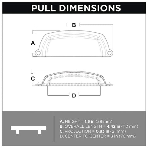 Dimensions diagram of Matte Black Cup Cabinet Pulls 3 Inch Center to Center Handles for Kitchen Cabinets, showing height, length, projection.