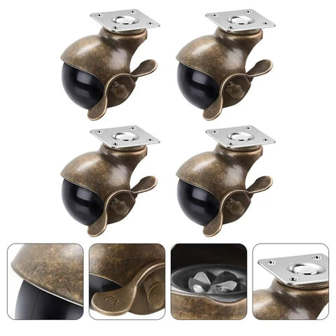 Smooth Rolling Vintage Brass Plate Casters With Reliable Locking Brakes For Heavy Duty Furniture Chairs Rock Solid Construction Easy Swap Setup Top Shelf Quality Cabinet Wheels Upgrade, close-up view of four brass plate wheels.