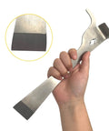 Two Piece Polished Stainless Steel Hive Scraper Tools With J Hook For Beekeeping, hand holding hive tool with close-up detail.
