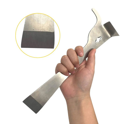 Two Piece Polished Stainless Steel Hive Scraper Tools With J Hook For Beekeeping, hand holding hive tool with close-up detail.