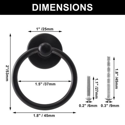 12 Pack Ring Drawer Pull Handles For Cabinets And Drawers, Zinc Alloy Dresser Knobs In Black Finish, 1.8 Inch Outer Diameter with screws