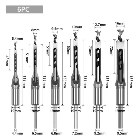 Pro Level 6 Piece HSS Square Twist Drill Bit Kit Designed For Weekend Warriors And Craftsmen Who Want Perfect Square Holes and Hassle Free Performance From Morning To Night; six drill bits of varying sizes displayed.