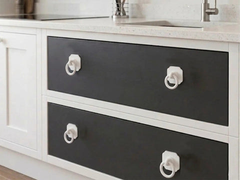 Four Pack Satin White Cabinet And Bifold Ring Pull Handles With One And Three Fifths Inch Backplate on dark kitchen drawers