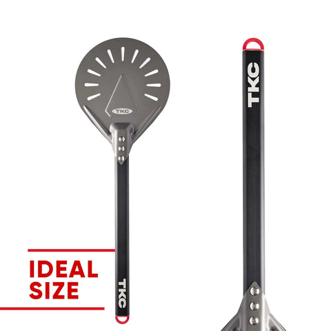 8 Inch Perforated Pizza Peel With Long Handle Aluminum Turning Peel For Indoor And Outdoor Pizza Making Lightweight Nonstick Pizza Turner For Oven Or Grill And Pizza Stone, showing front and handle view.