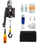 All In One Beefed Up Electric Hoist Winch 1100 lb with accessories including double hooks, remote, and carrying case