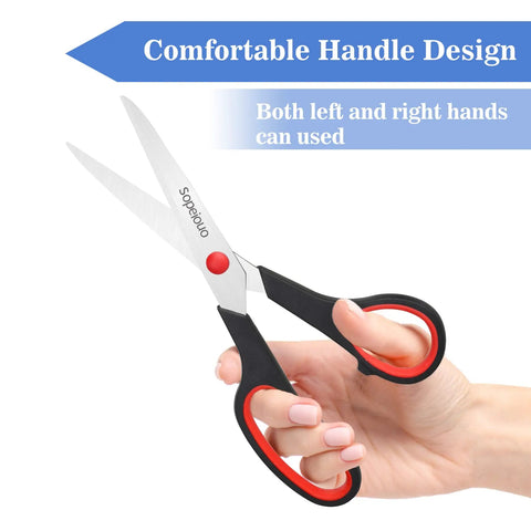 Six Pack Eight Inch Scissors With Sharp Stainless Steel Blades And Comfort Grip For Everyday Use Heavy Duty All Purpose Craft Scissors For Paper Cardstock Fabric Photos Ribbon Foam Cardboard, black-red handle