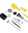 147-Piece Watch Maintenance Kit For DIY Repairs with tools like spring bar remover, case opener, tweezers, and screwdrivers on display.