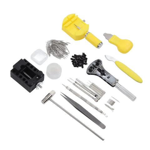 147-Piece Watch Maintenance Kit For DIY Repairs with tools like spring bar remover, case opener, tweezers, and screwdrivers on display.