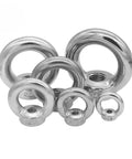 Rock Solid 304 Stainless Steel Lifting Eye Bolt Ring Nut set of various sizes for heavy duty marine rigging and hoisting.