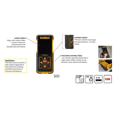 Tool Connect 165 Foot Laser Distance Measurer With A Handy Touch Pad labeled features and specifications