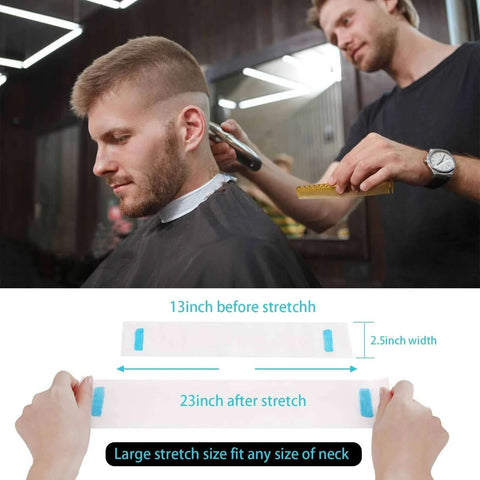 IOOROSE disposable barber neck strips; white paper with blue tabs, shows 13in before and 23in after stretch.