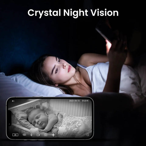 Woman using Indoor 2K Security Cam With 360 Degree Pan Tilt, WiFi Home Surveillance to monitor baby on smartphone with night vision.