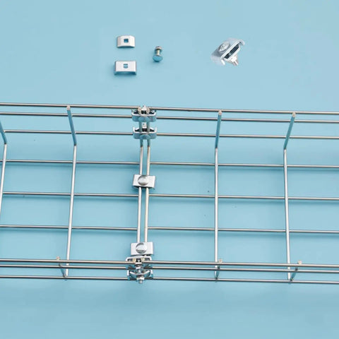 50 Pack Wire Mesh Cable Tray Coupler Kit for Basket Cable Management, showing heavy duty steel splice connectors on mesh tray.