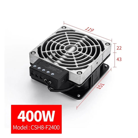 Built Like A Tank Industrial Air Heater And Dehumidifier Fan For Power Distribution Cabinets With Rock Solid Aluminum Heating Core Featuring 400 Watts AC 220V, showing compact design with aluminum casing and fan.