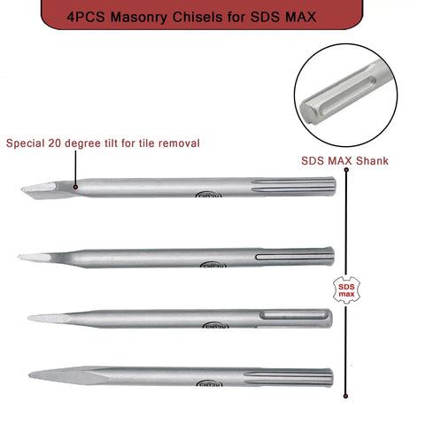 4 Piece 11 Inch SDS Max Chisel Set For Rotary Hammer Demolition Tile Removal Concrete Bricks Includes Flat Point Scraping And Angled Chisels For Quick Heavy Duty Jobs