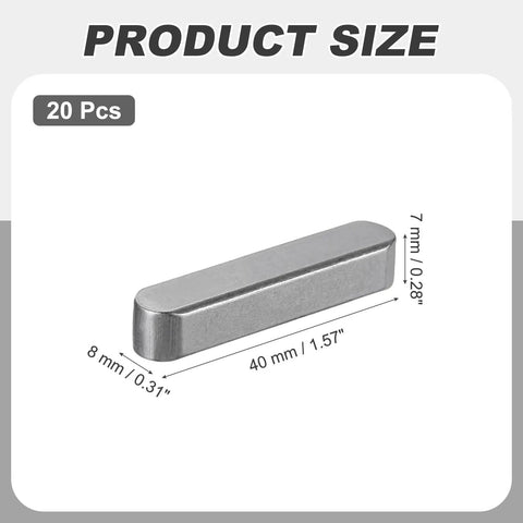 20 Piece Round Ended Feather Keys Set For Drive Shafts 40x8x7mm Carbon Steel size dimensions labeled