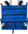 Heavy Duty 2200 Lb Self Dumping Hopper For Forklift And Manual Operation front view with dual brake wheels and steel frame.