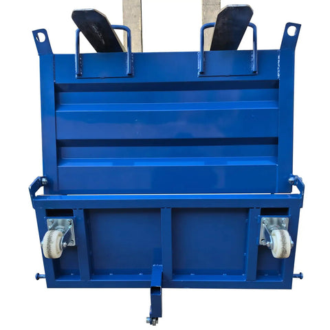 Heavy Duty 2200 Lb Self Dumping Hopper For Forklift And Manual Operation front view with dual brake wheels and steel frame.