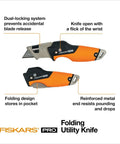 Pro Retractable Folding Utility Knife With CarbonMax Blade, Dual Lock Safety, shown open and folded, orange and black