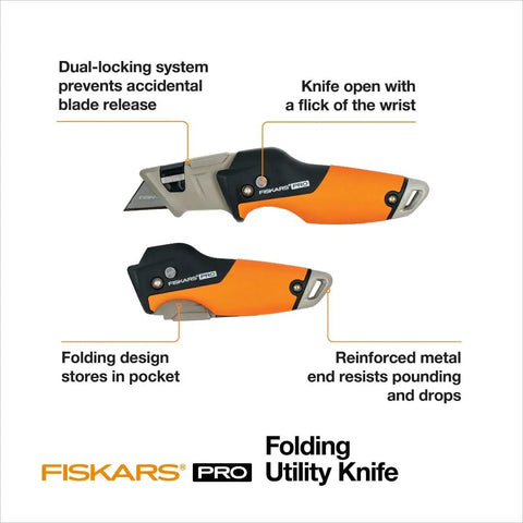 Pro Retractable Folding Utility Knife With CarbonMax Blade, Dual Lock Safety, shown open and folded, orange and black