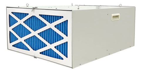 Versatile 1025 CFM Air Filtration System with blue filter, front angle, showcasing handles and ceiling mounting hooks.
