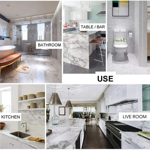 Marble Contact Paper Peel And Stick For Countertops Kitchen Cabinets And Bathroom Waterproof Granite Gray White Marble Vinyl PVC Removable Easy Install DIY Friendly displayed in kitchen, bathroom, and living room settings.