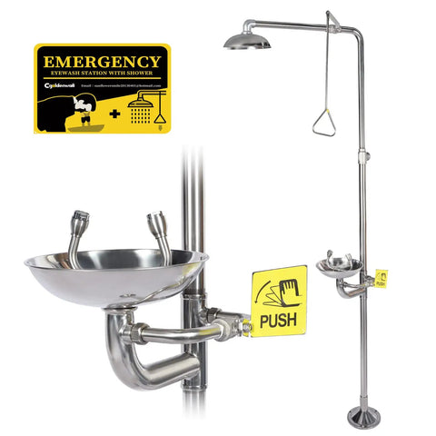 Heavy Duty Emergency Shower And Eyewash Station Combination Unit Built In Stainless Steel 304 Industrial Grade And Tough As Nails Safety Shower Eyewash With Eyewash Sign And NPT Thread