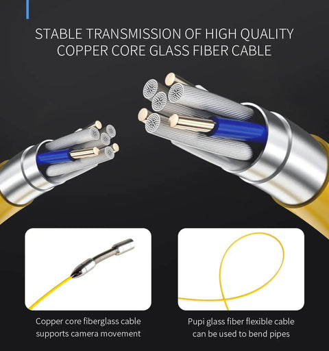 Heavy Duty Sewer Camera With 100 Ft Cable And Built In 16Gb Dvr For Hassle Free Drain Scoping and Pipe Inspection showing copper core fiberglass cable.