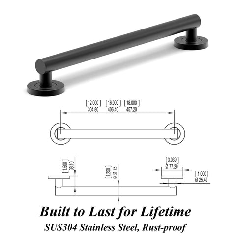 Glacier Collection 16 Inch Stainless Steel Bath Grab Bar Designer Safety Bar Matte Black Sleek Design ADA Compliant 500 Lb Load
