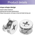 Rock Solid Cam Lock Nuts For Heavy Duty Furniture Sets Nickel Plated Zinc Alloy Dowel Binders With Deep Cross Slot Grip Straight Shooter Locking Hardware For Kitchen Cabinets 10 Pack showing unique shape and anti-corrosion design.