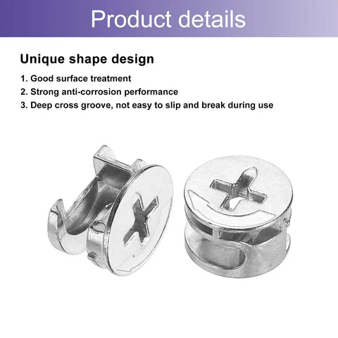 Rock Solid Cam Lock Nuts For Heavy Duty Furniture Sets Nickel Plated Zinc Alloy Dowel Binders With Deep Cross Slot Grip Straight Shooter Locking Hardware For Kitchen Cabinets 10 Pack showing unique shape and anti-corrosion design.