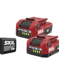 Dual Pack 12V 2.0Ah USB-C PD Battery And Fast Charger Featuring 60W Output LED Fuel Gauge, two red batteries with charger.