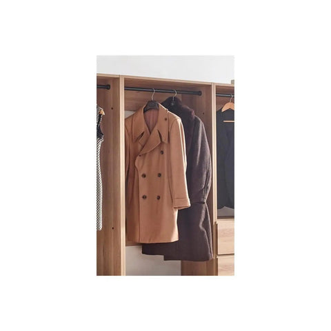 Custom Walk In Closet System With Sturdy Wooden Drawers And Flexible Shelves Modular Wardrobe Organizer Featuring Hanging Rods And Hella Roomy Shoe Storage Kick The Clutter To The Curb with coats hanging.
