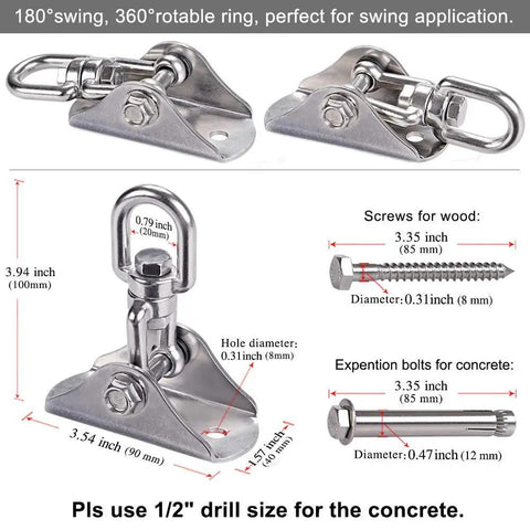 Heavy Duty Stainless Steel Swing Hanger Ceiling Mount With Free Swivel Hook Hardware Kit dimensions details