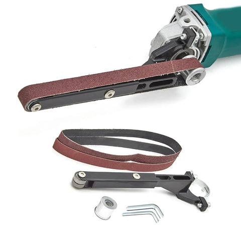 Game Changing Angle Grinder To Belt Sander Adapter Kit With Rugged Pipe And Tube Sanding Brackets For Quick Tabletop Polishing and Dead Simple Smoothing Jobs Around The Home Shop with brown sanding belt and black brackets.