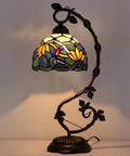 Blue Tiffany Style Stained Glass Lotus Table Lamp With Metal Leaf Base, 21 Inch Tall, 8 Inch Shade, Bronze Finish, S220 Series