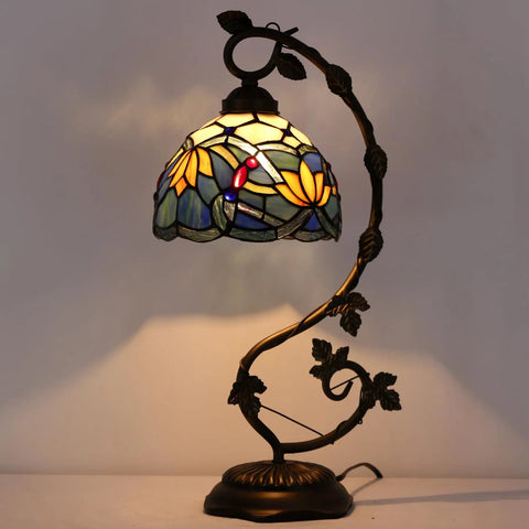 Blue Tiffany Style Stained Glass Lotus Table Lamp With Metal Leaf Base, 21 Inch Tall, 8 Inch Shade, Bronze Finish, S220 Series