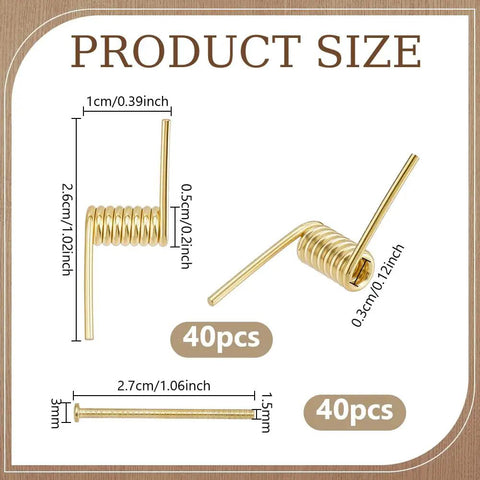 Hair Claw Clip Spring Replacement Kit showing 40 sets of gold torsion springs with screws, detailed product size dimensions.