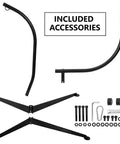 Heavy Duty Steel Hanging Chair Stand For Hammock Swing Chair Indoor Outdoor C Frame Stand With X-Shape Base Stand Only Supports Up To 330 Lbs Durable All Steel Construction Easy Assembly No Fuss Assembly components and accessories shown